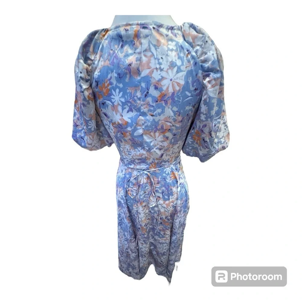 NWT ASTR Satin Floral Wrap Midi Dress XS Asymmetrical Sleeves Wedding Guest - Picture 12 of 16